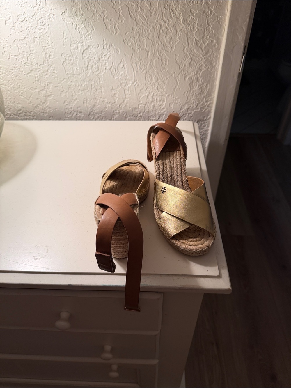 Tory Burch Gold and Tan Leather Espadrille Sandals